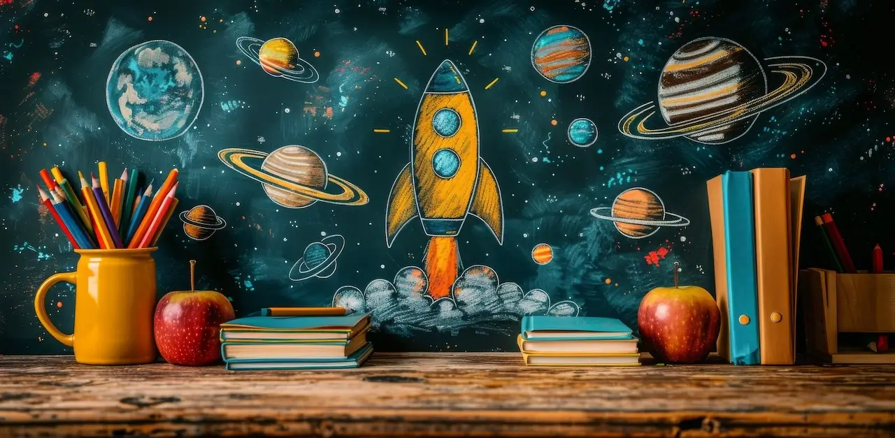 Chalkboard with a rocket and planets on it in the background with a desk with teacher items in the forgound