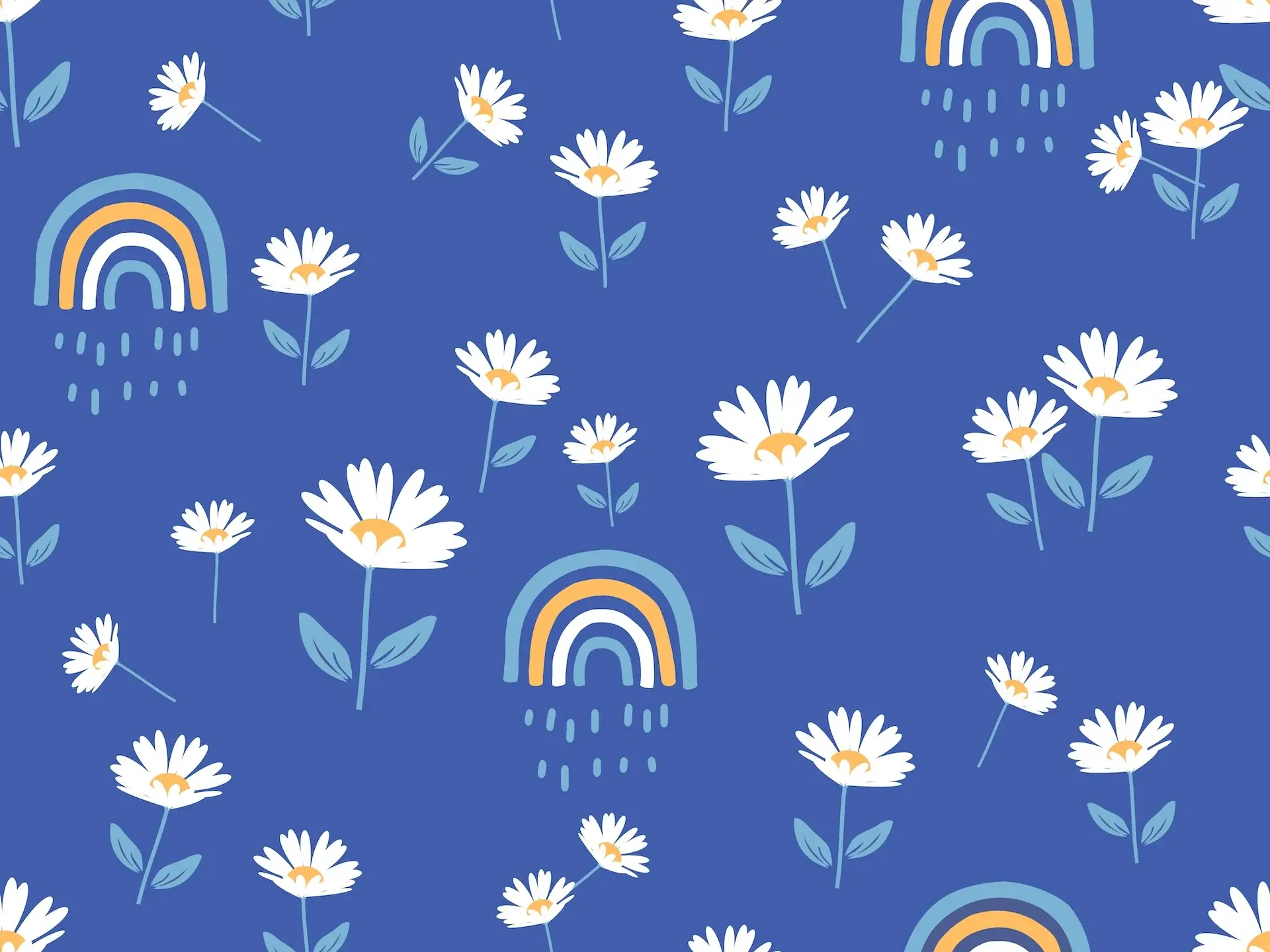 blue background with rainbows and flowers